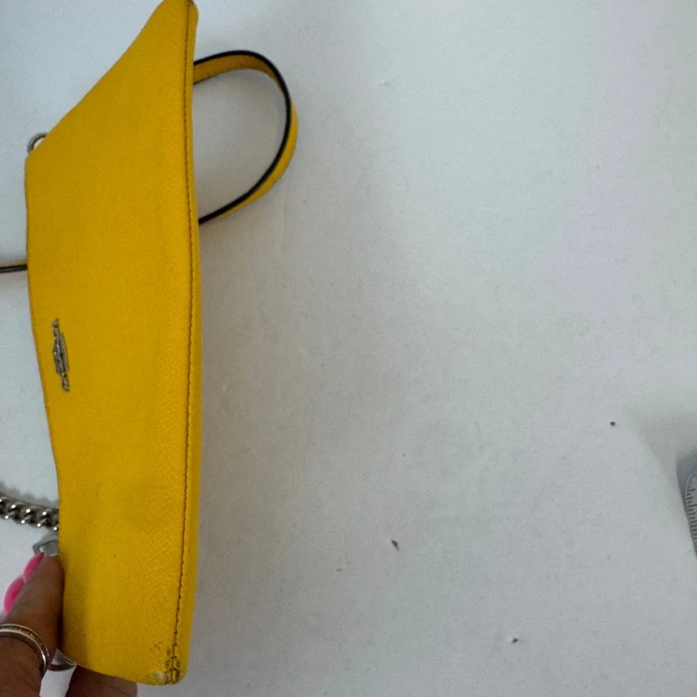 Coach Yellow Crossgrain Leather Crossbody Bag Silver Chain Detail Clutch